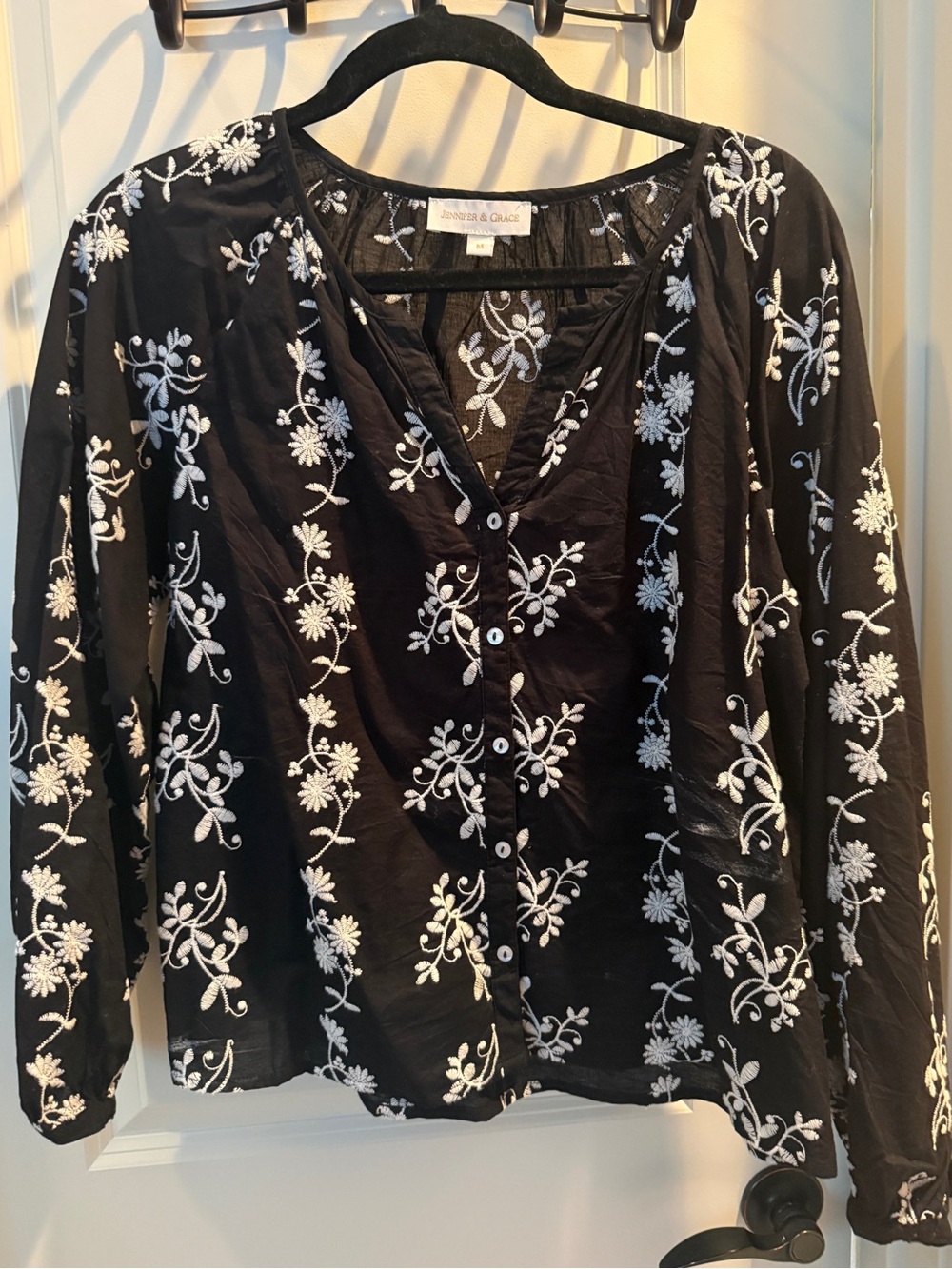Jennifer & Grace Top Womens M Black Ivory Floral Embroidered Peasant Boho